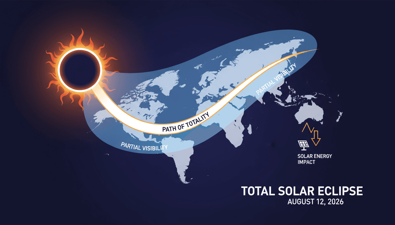 A visual representation of the total solar eclipse path and visibility.