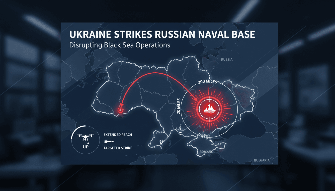 Ukrainian forces conducting a drone strike on a Russian naval base.