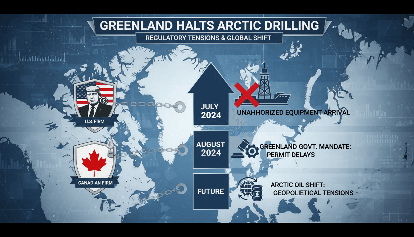 Aerial view of Greenland's Arctic landscape with drilling equipment.