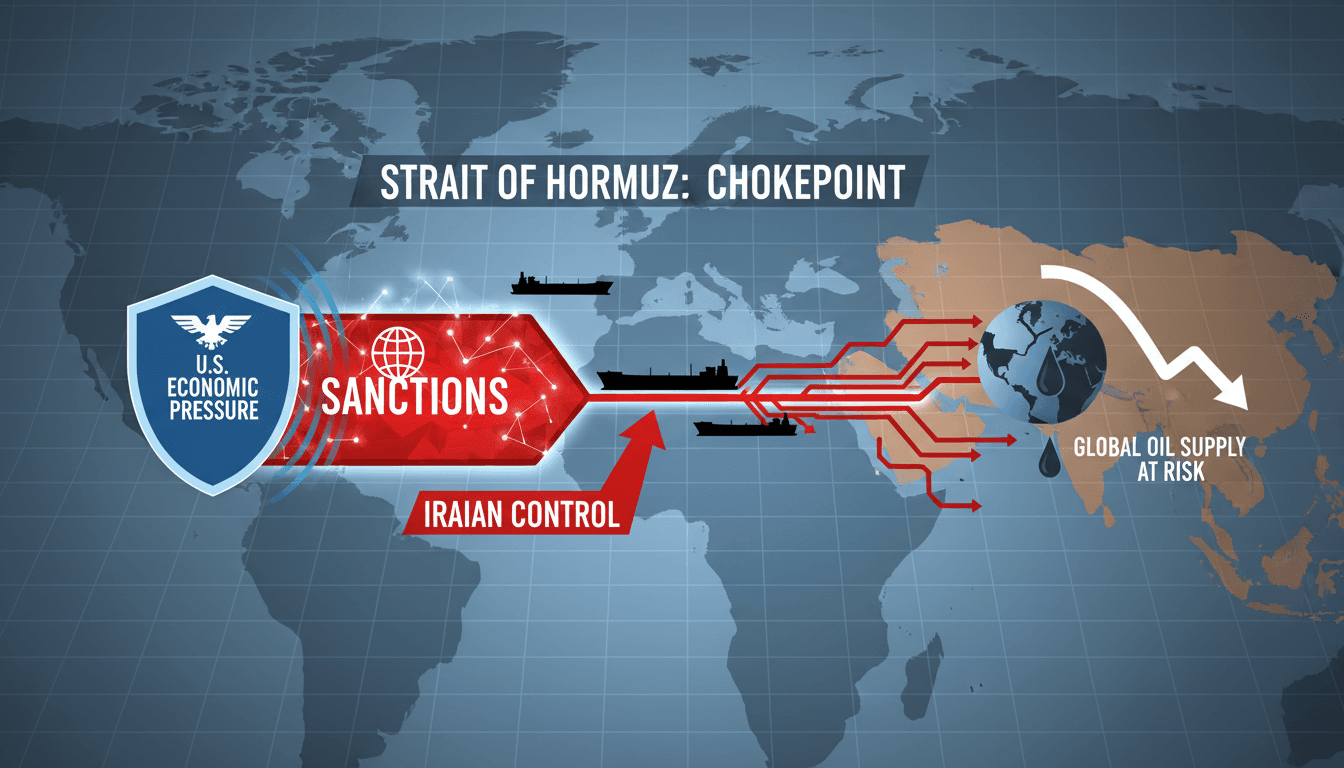 Map showing the Strait of Hormuz and key shipping routes affected by U.S. sanctions on Iran.