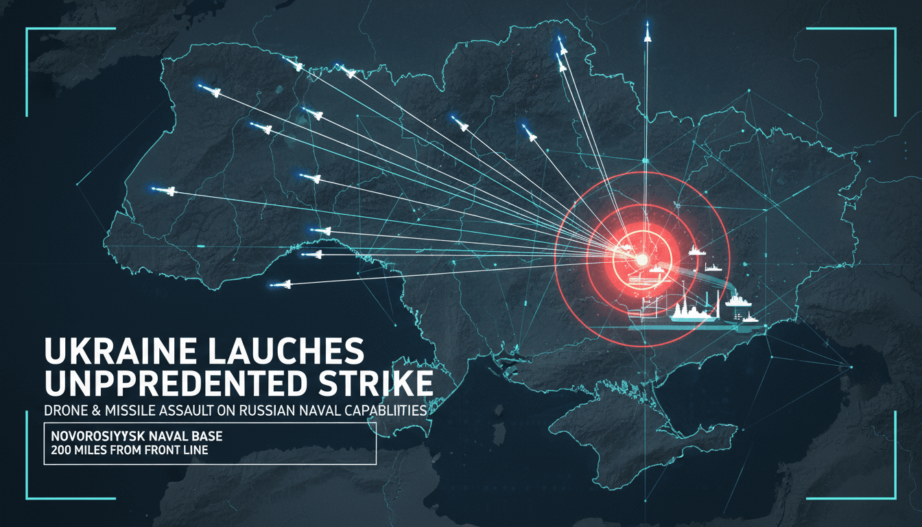 Ukrainian forces conducting a drone and missile strike on a Russian naval base.