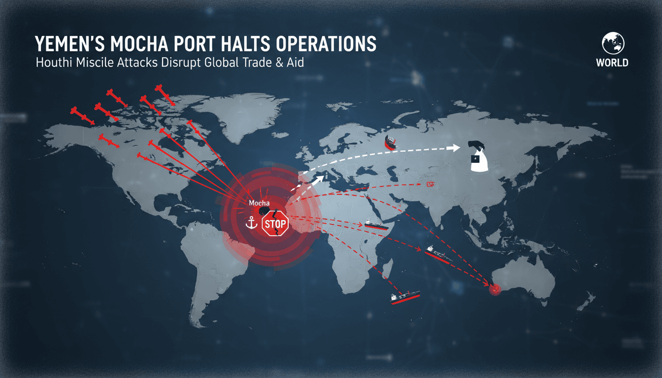 Mocha port in Yemen, highlighting the impact of recent missile attacks.