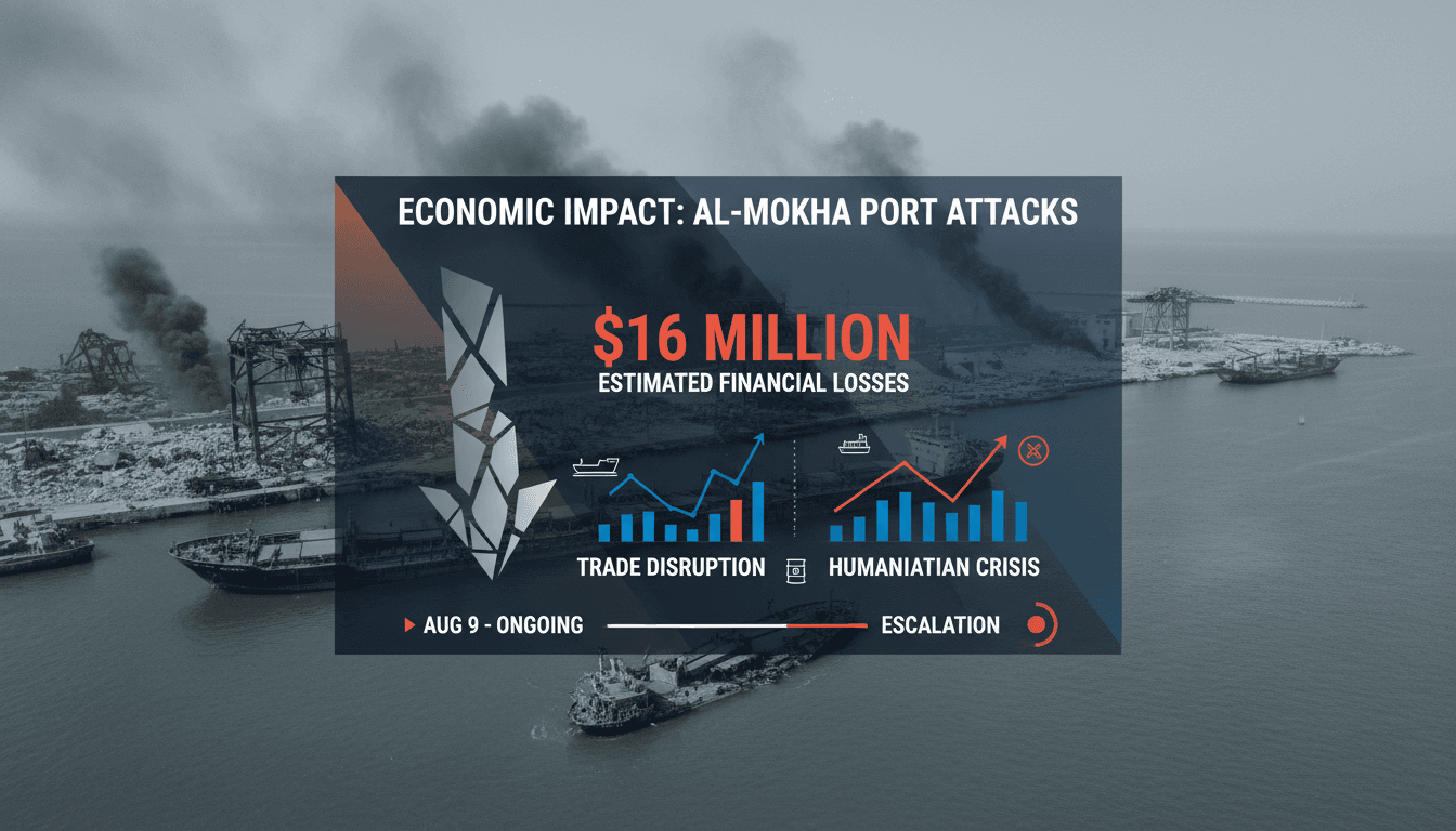 Damage to Al-Mokha port in Yemen following Houthi missile strikes.