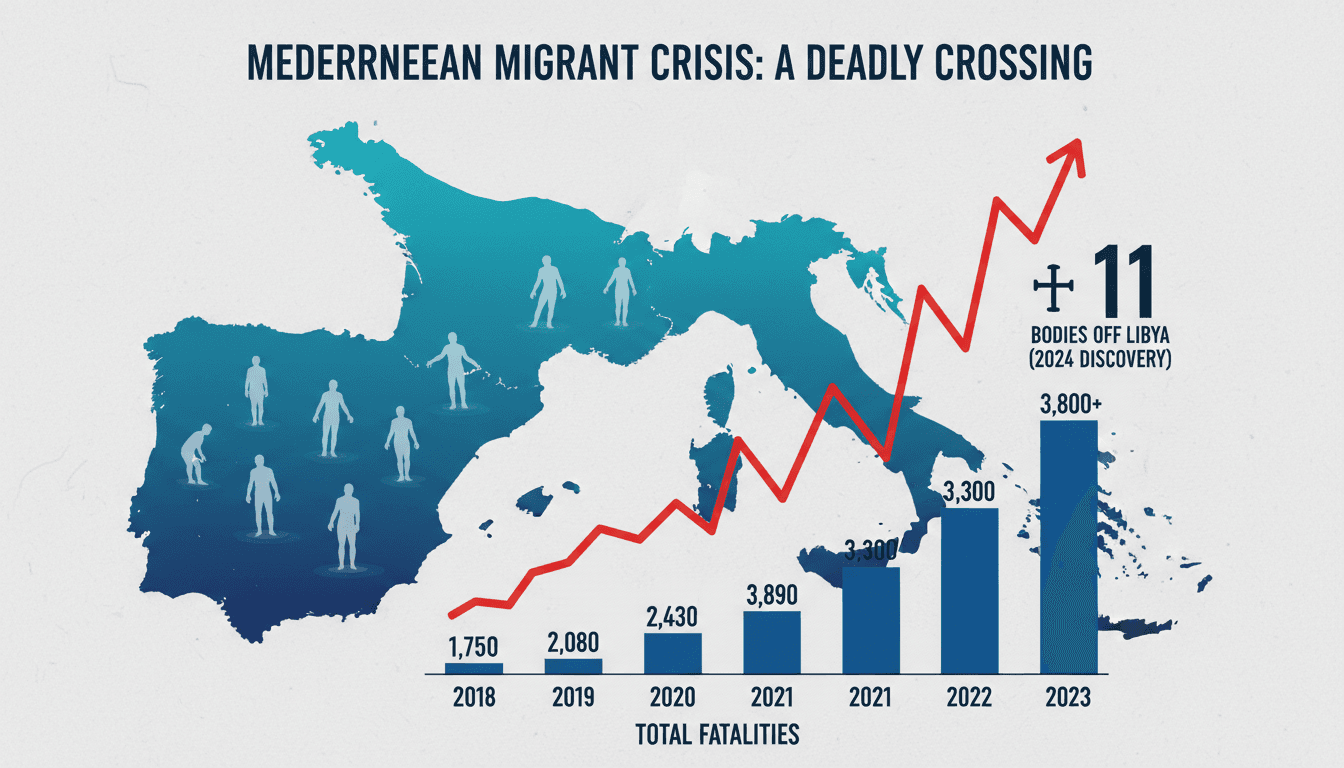 Aerial view of the Mediterranean Sea highlighting migrant routes.