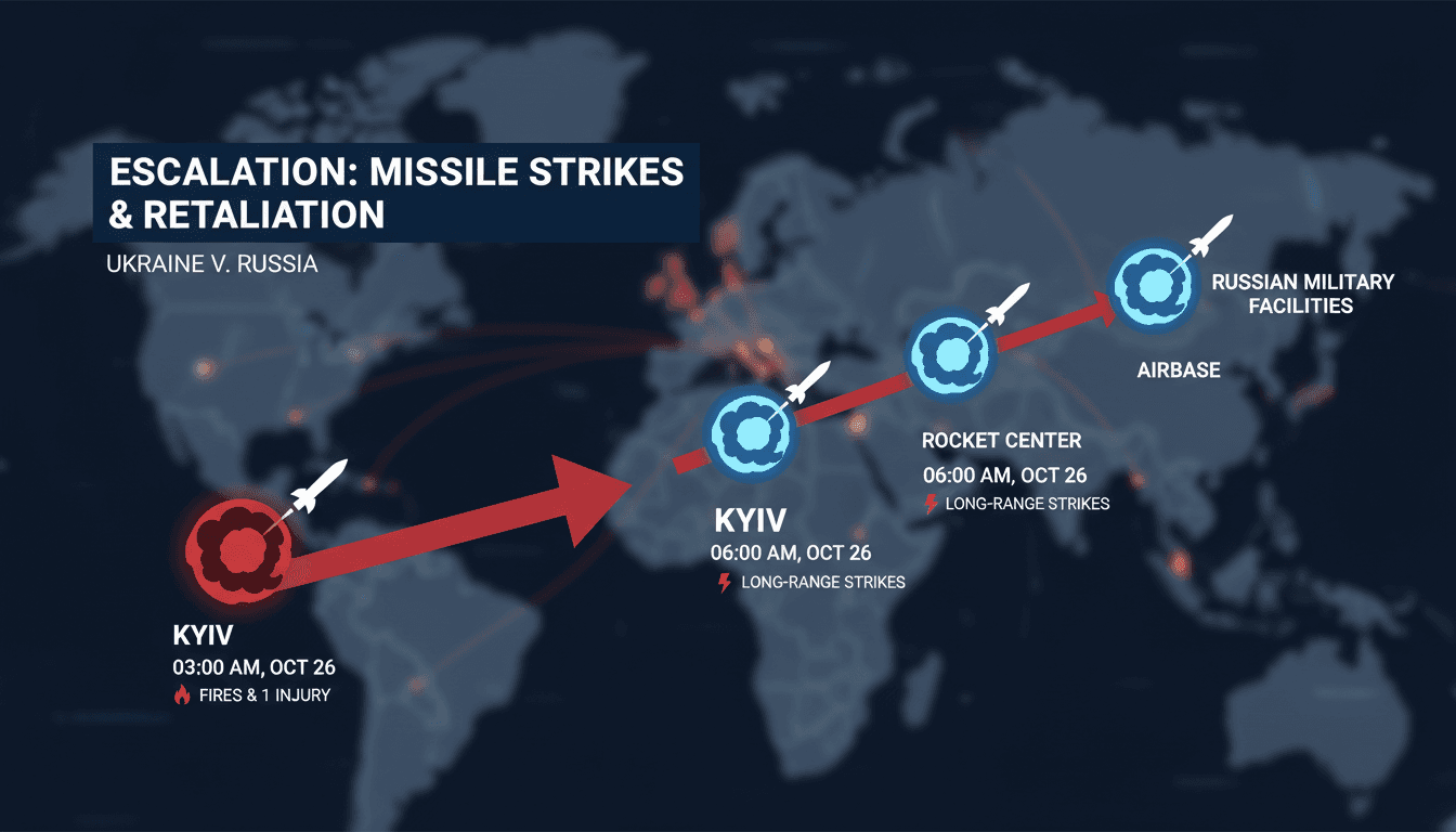 A map showing missile strike locations in Kyiv and Ukrainian military responses.