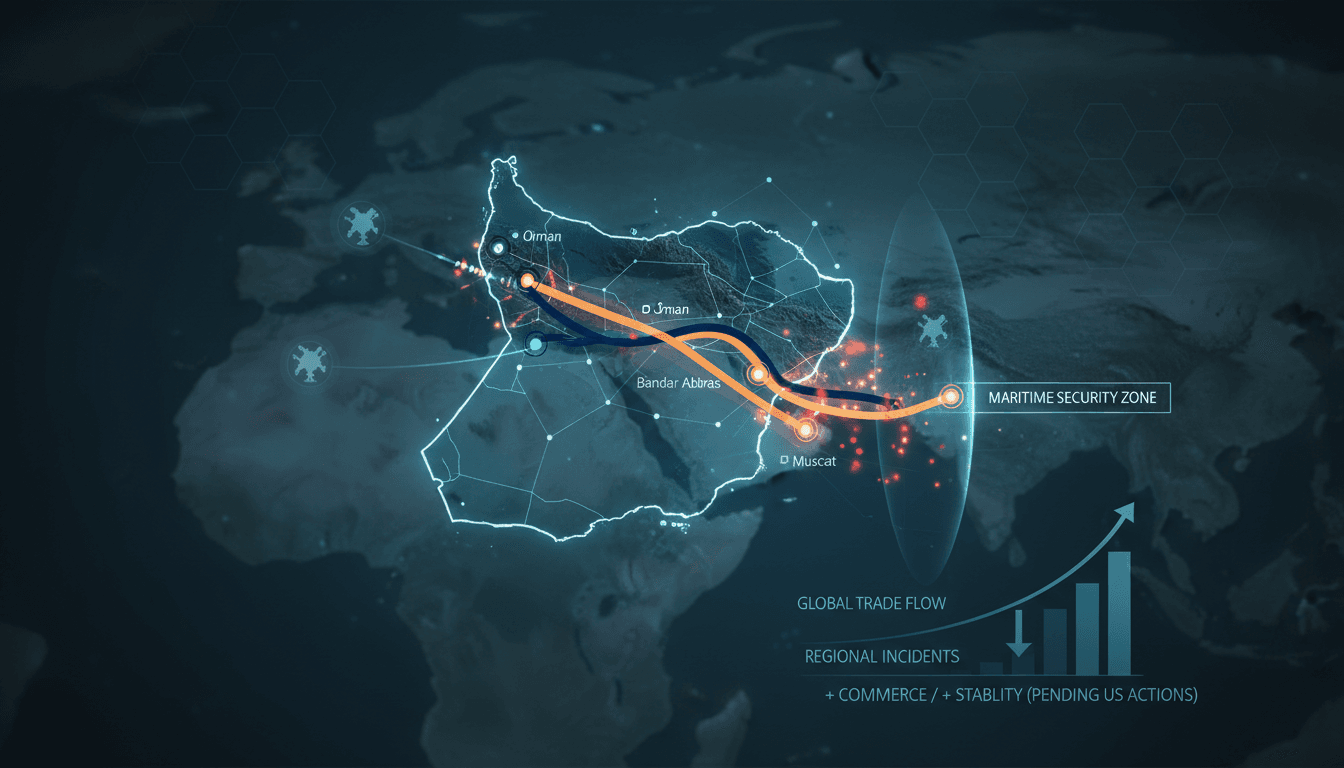 Map of the shipping routes in the Strait of Hormuz between Iran and Oman.
