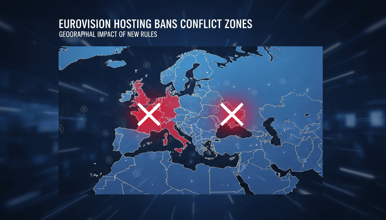 Eurovision Song Contest logo with a backdrop of a world map highlighting conflict zones.