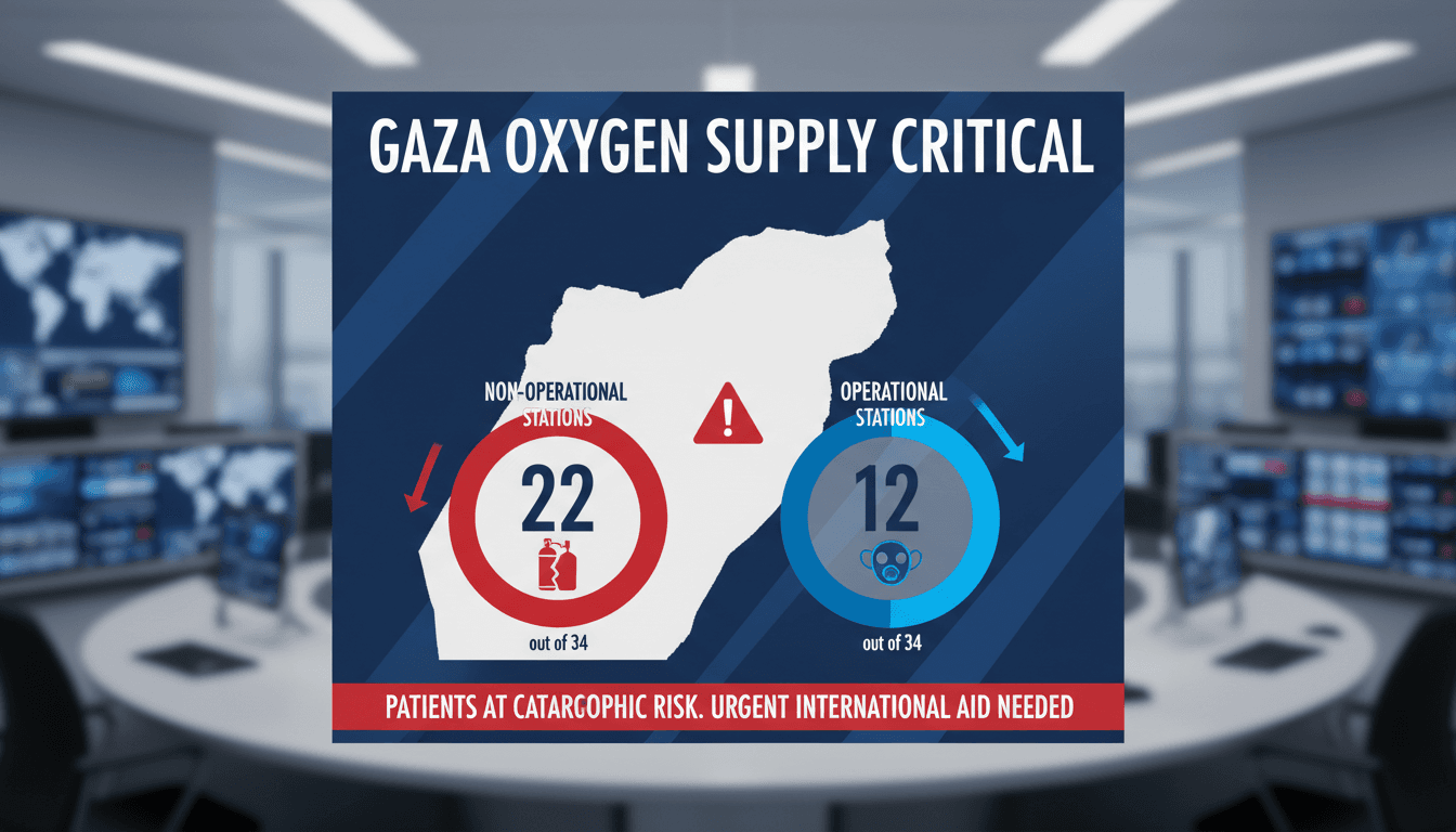 A visual representation of the oxygen supply crisis in Gaza, showing operational and non-operational oxygen stations.