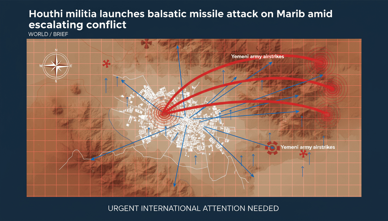 Houthi missile attack on Marib, Yemen, highlighting the conflict's impact on civilians.