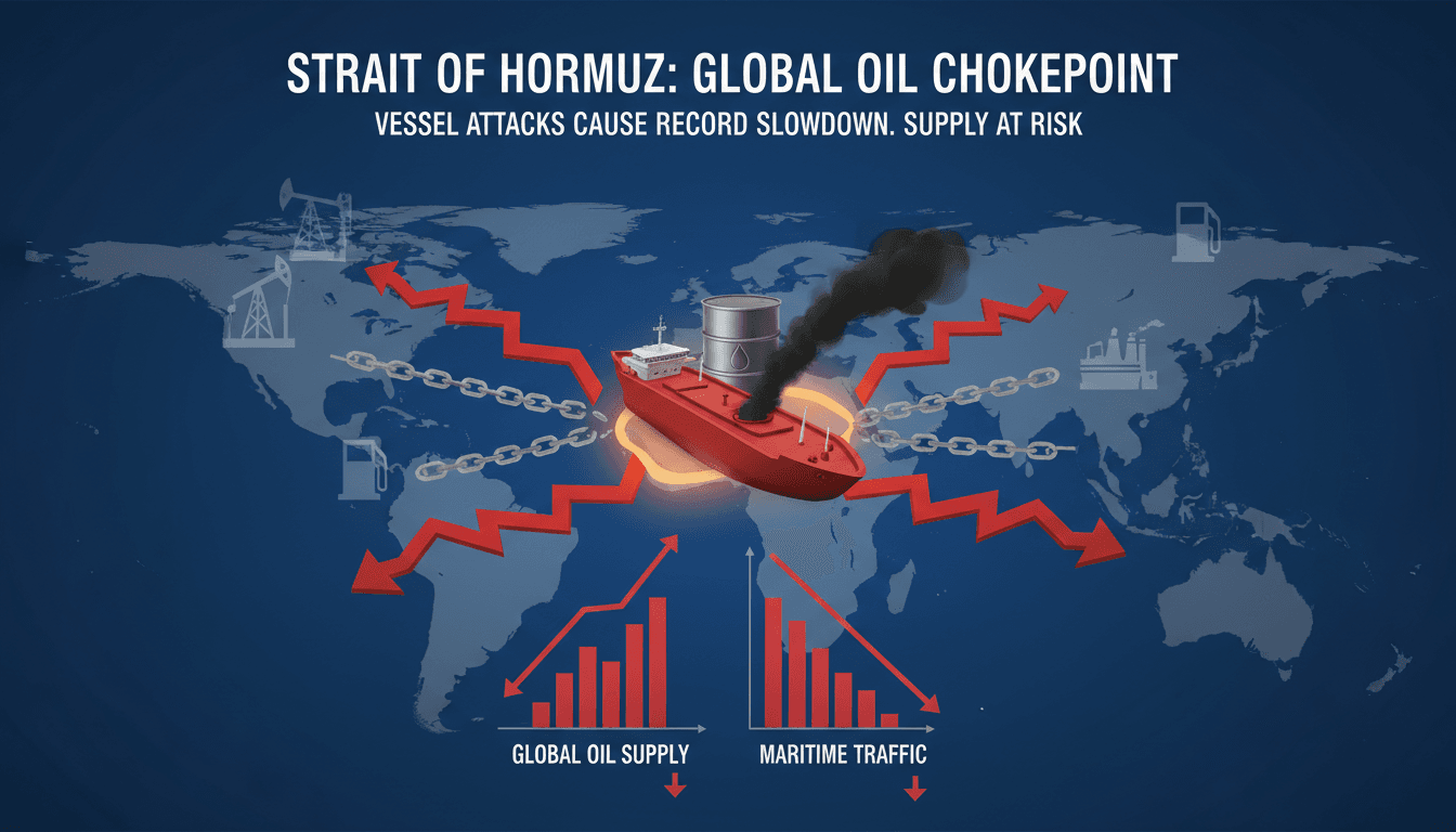 Map highlighting the Strait of Hormuz and recent maritime incidents.