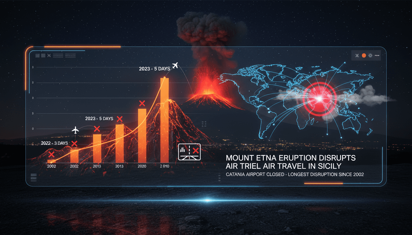 Eruption of Mount Etna with ash cloud affecting air travel in Sicily