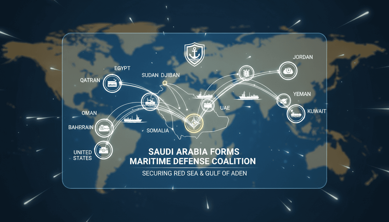 Map showing the Red Sea and Gulf of Aden with coalition member countries highlighted.