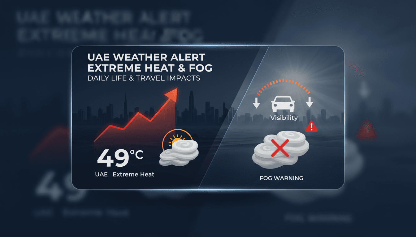 A view of foggy conditions in the UAE with high temperature warnings.