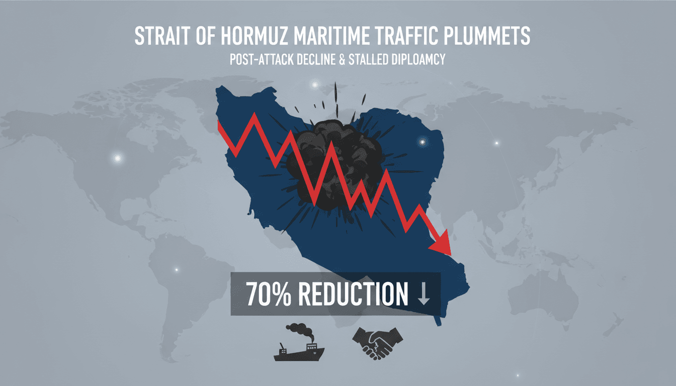Illustration of shipping traffic decline in the Strait of Hormuz after tanker attacks.