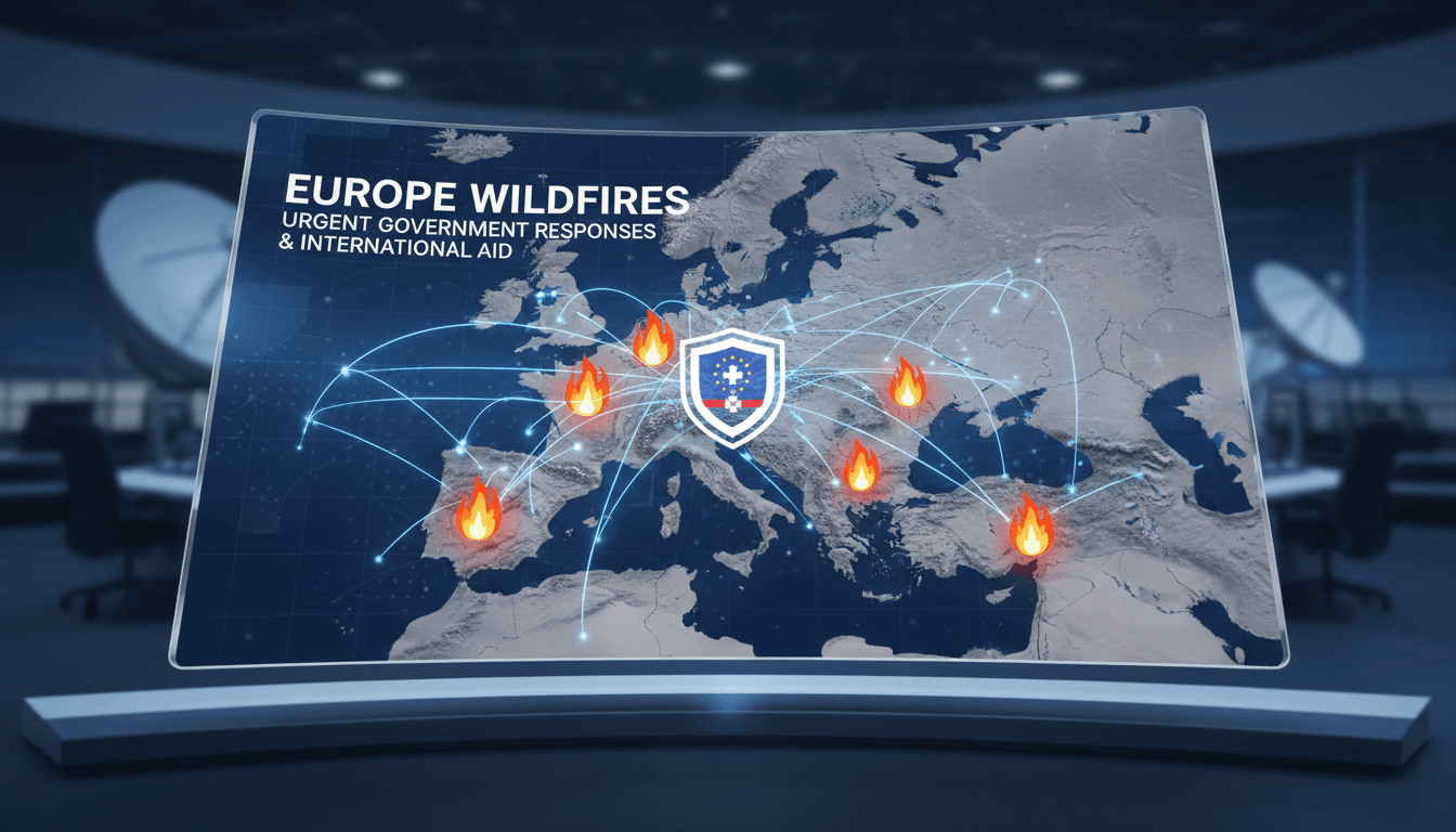 Aerial view of wildfires burning in Europe with emergency response teams.