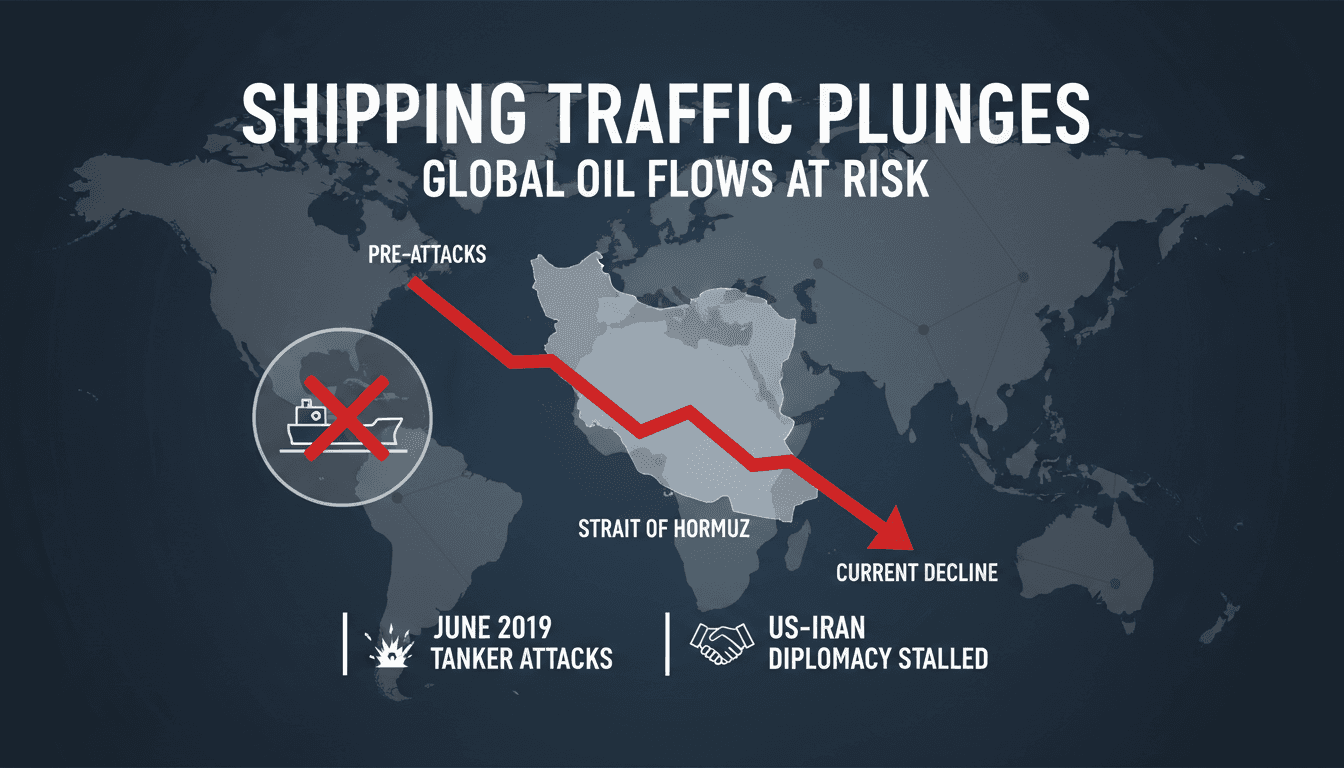 Aerial view of the Strait of Hormuz with shipping lanes highlighted.