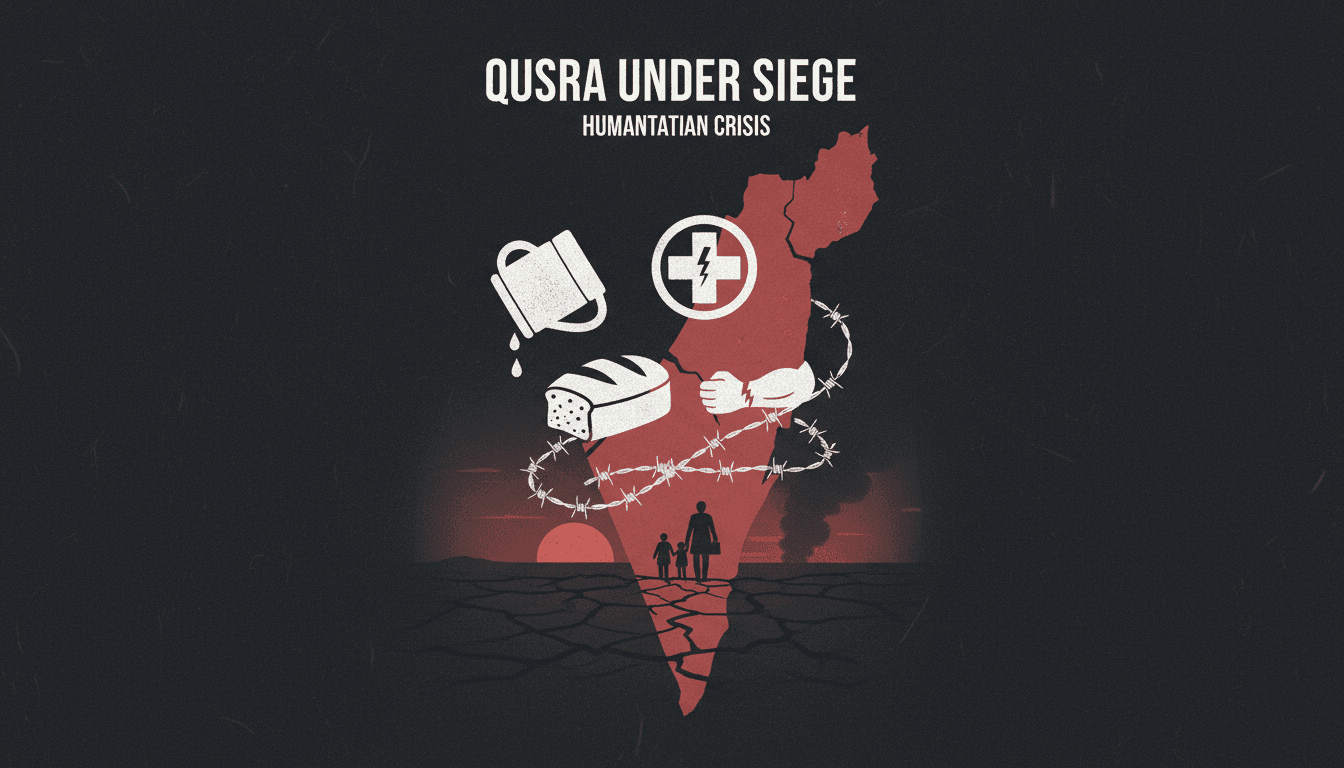 Aerial view of Qusra village under siege, highlighting humanitarian crisis.