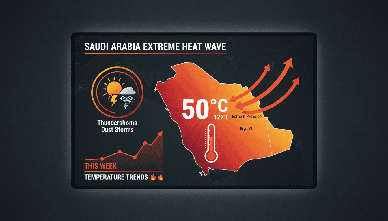 A dramatic image of a heat wave affecting Saudi Arabia with temperature readings.