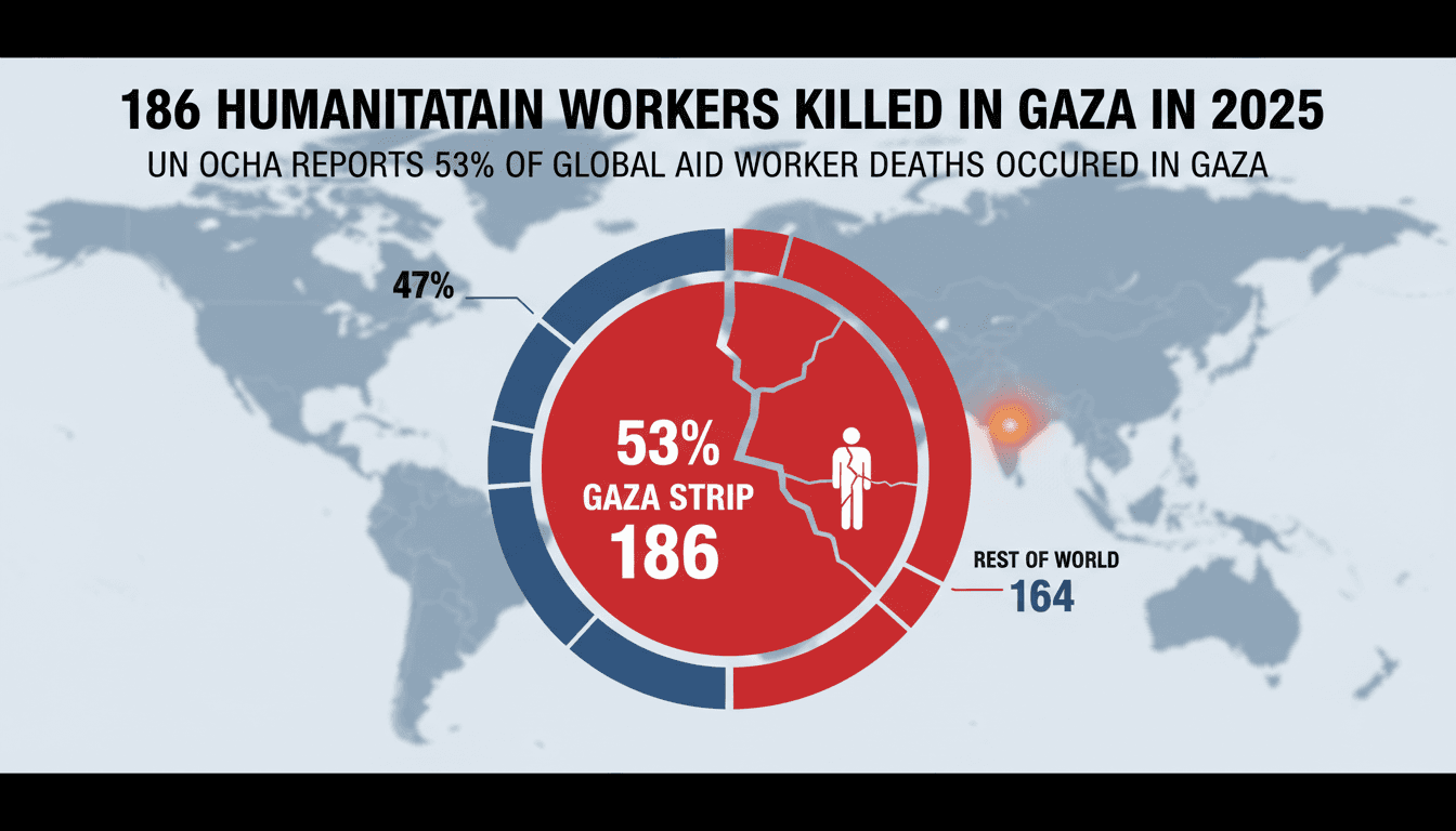 Infographic showing humanitarian worker deaths in Gaza compared to global totals, highlighting the crisis in aid operations.