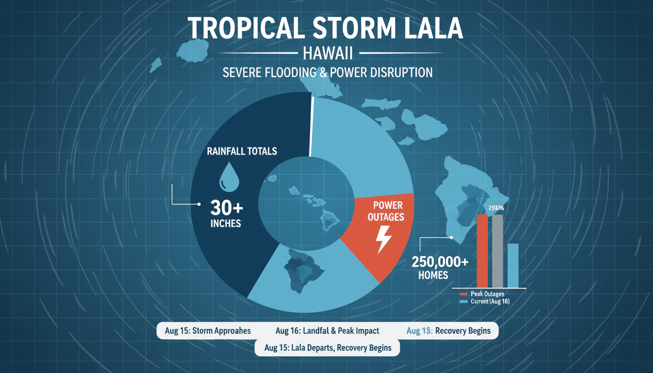 Infographic showing rainfall totals and power outages from Tropical Storm Lala in Hawaii.