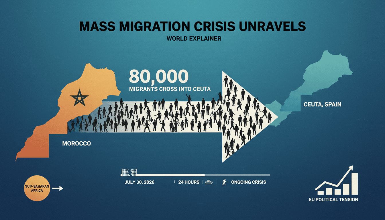Infographic showing the surge of migrants into Ceuta, highlighting key statistics and timeline of events.