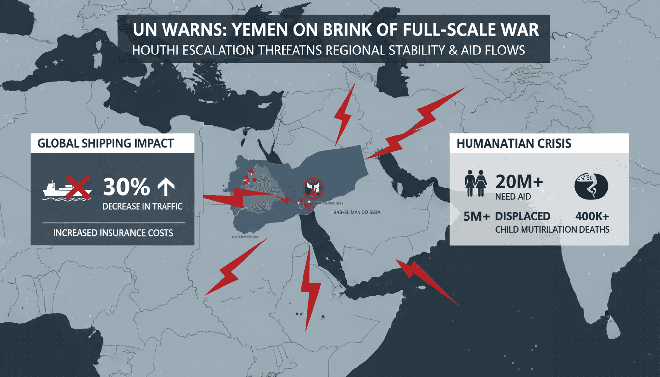 A map showing Yemen's conflict zones and affected shipping routes, highlighting the UN's warning of war.