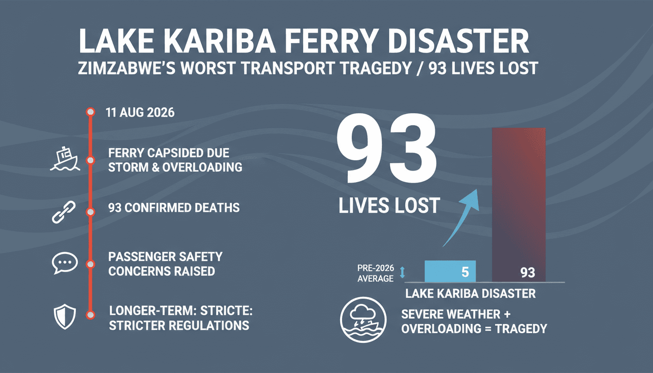 A somber image depicting the Lake Kariba ferry disaster aftermath, highlighting the tragic loss of life.