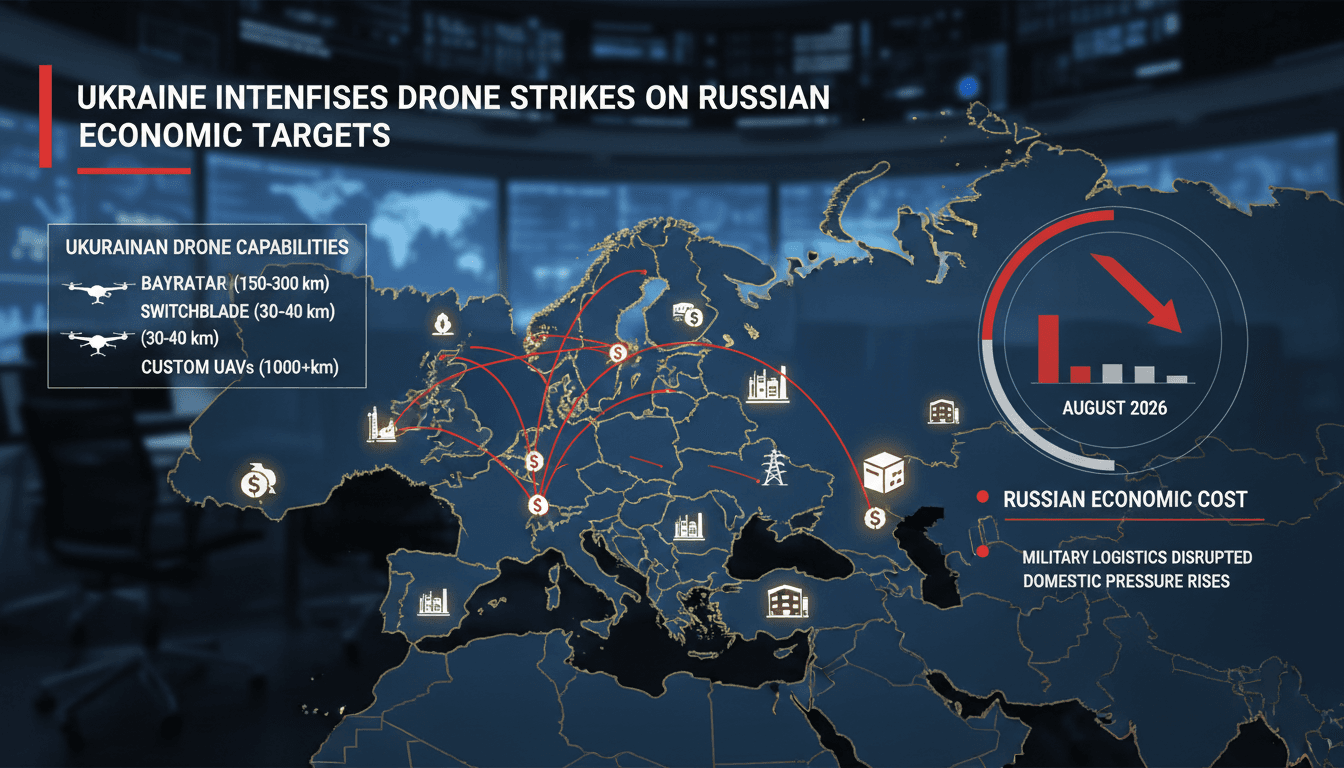 Infographic showing Ukraine's drone range and targeted Russian infrastructure, highlighting economic implications.