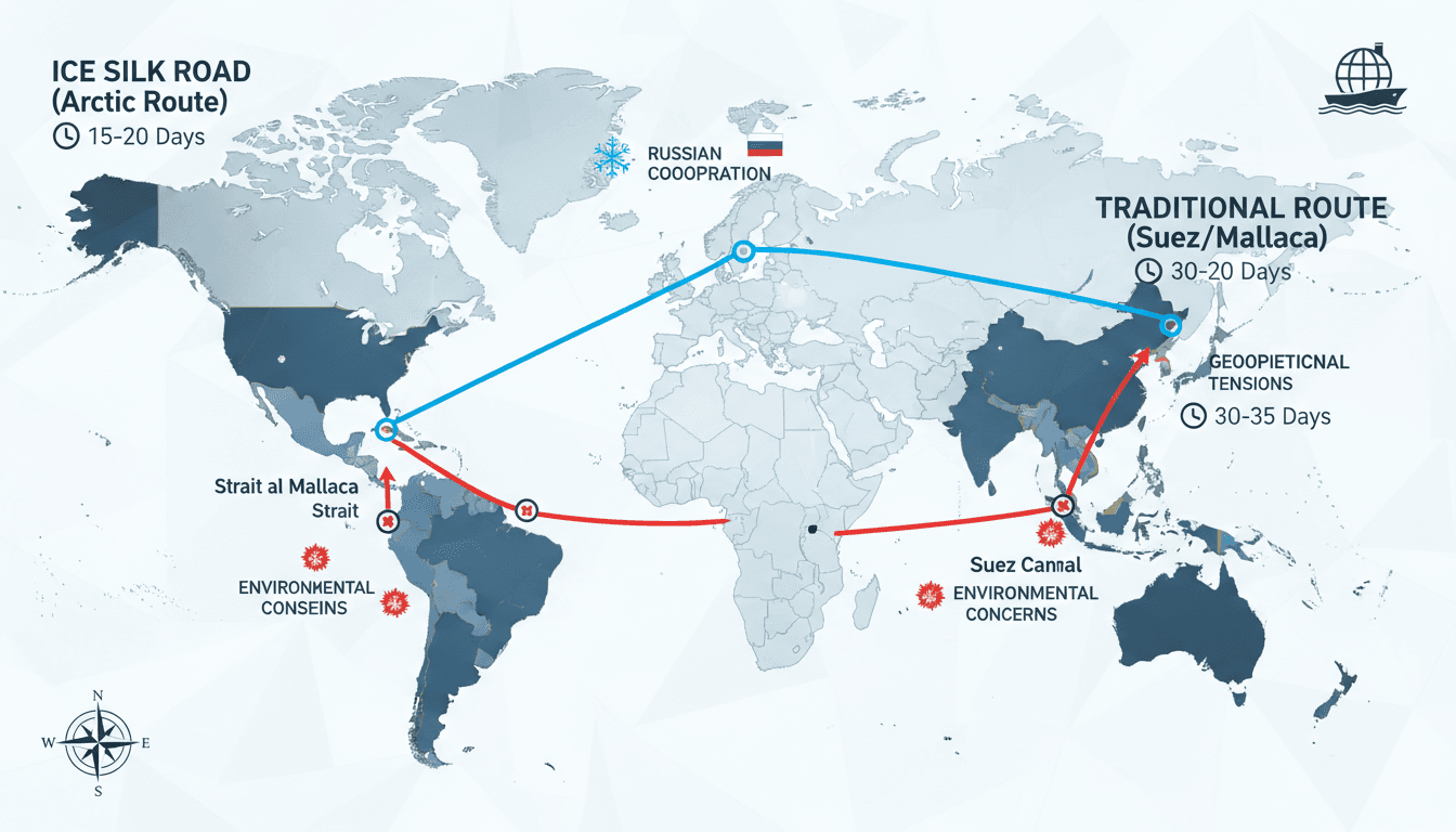 Infographic showing China's Arctic Ice Silk Road shipping route and its impact on global trade dynamics.