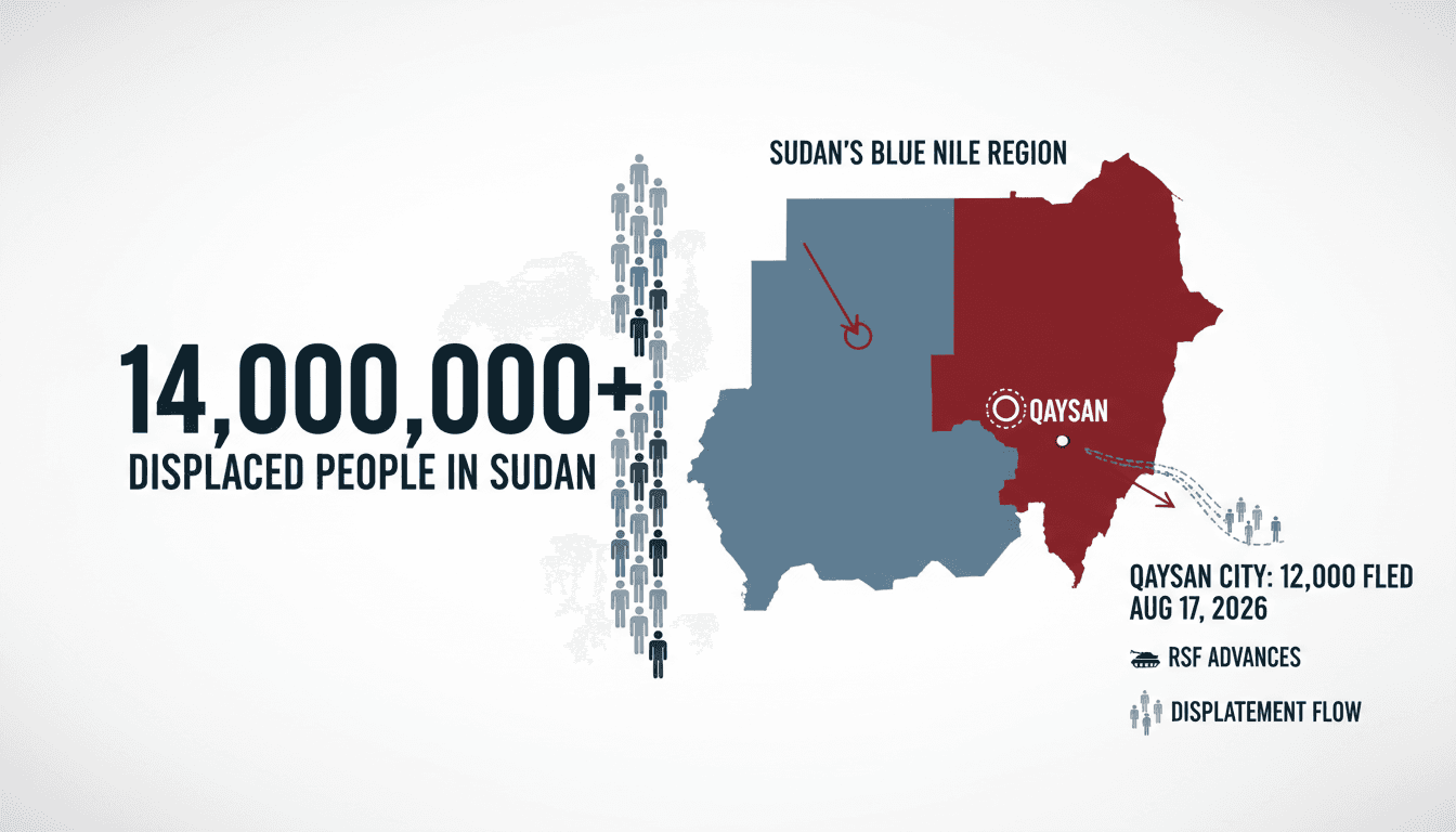 Infographic depicting the displacement crisis in Sudan's Blue Nile region, highlighting the number of affected civilians.