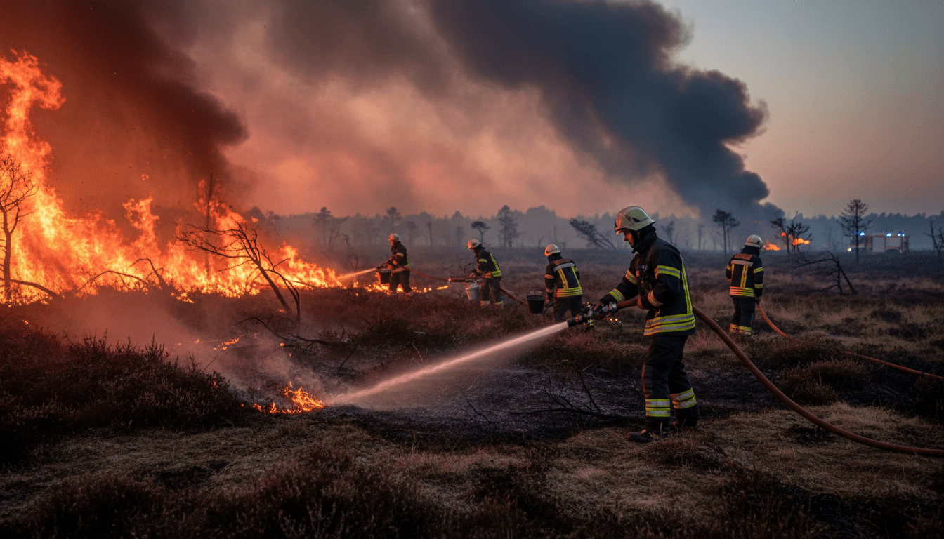 Belgian firefighters combating a wildfire, highlighting climate resilience efforts.