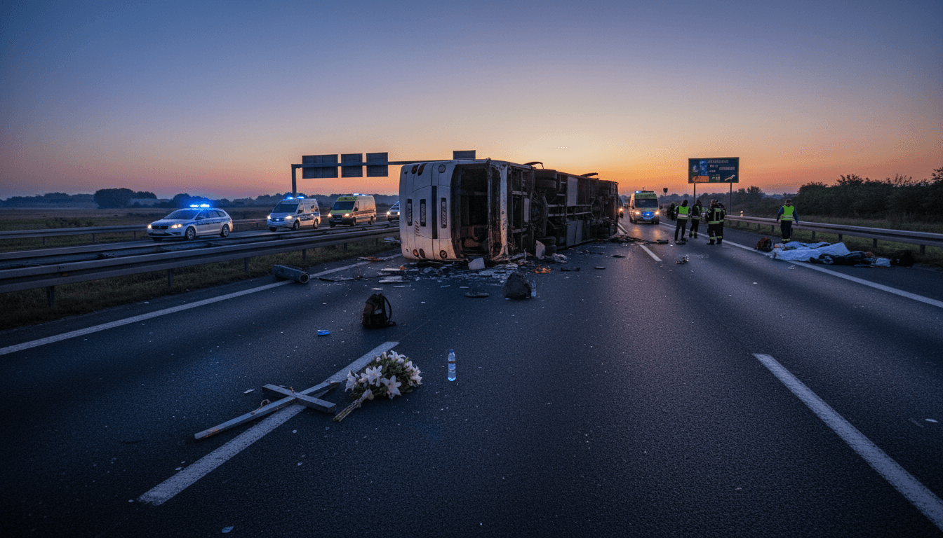 An overturned bus on the M3 highway in Hungary, illustrating the tragic accident involving Polish pilgrims.
