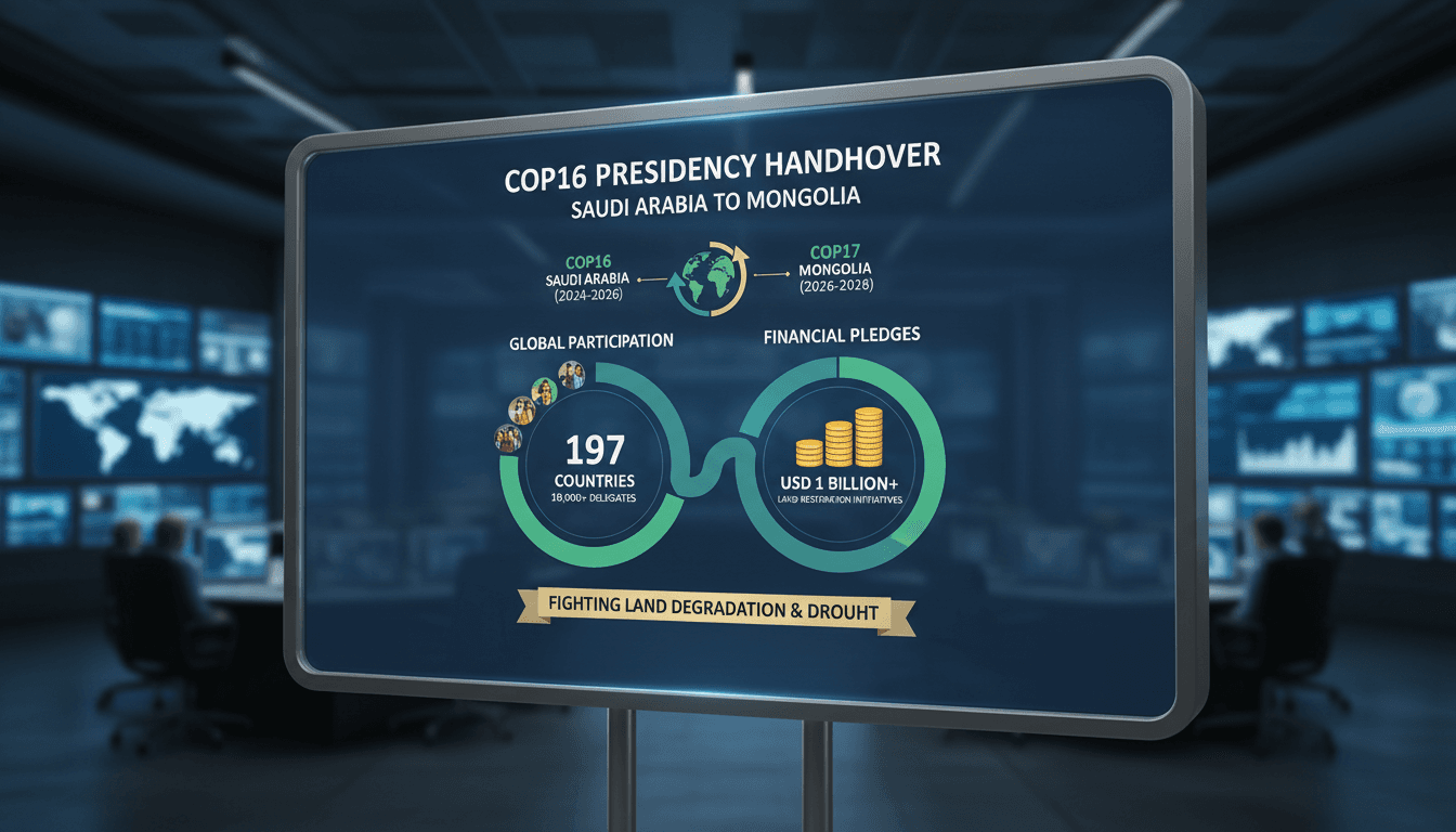 Infographic showing COP16 participation statistics and financial pledges from Saudi Arabia.
