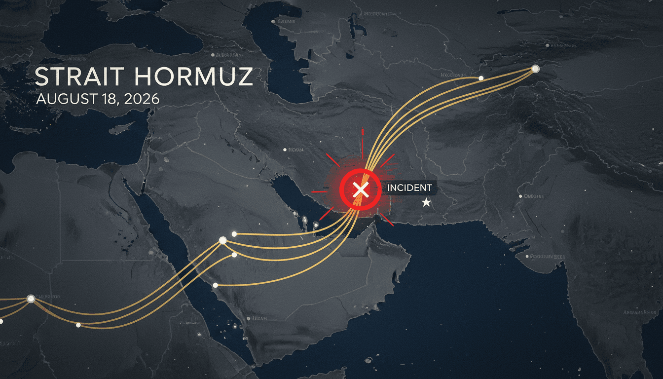 Map of the Strait of Hormuz highlighting the location of the bulk carrier projectile strike and shipping routes.