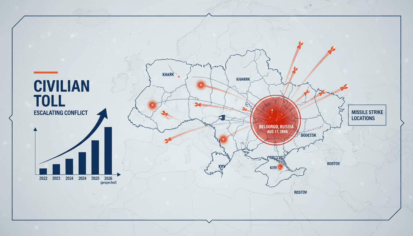 A map highlighting the Belgorod region and recent missile strike locations in the Ukraine-Russia conflict.