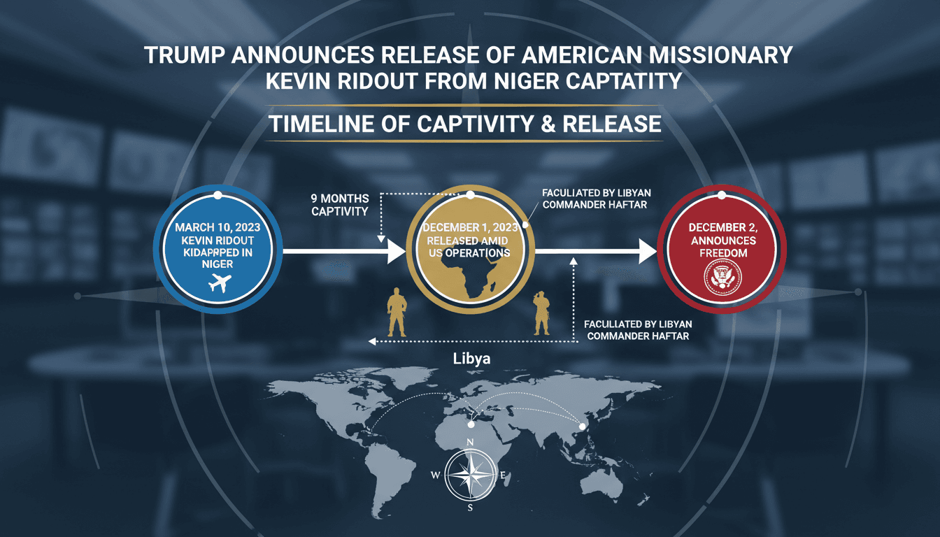 Infographic detailing the timeline of Kevin Rideout's kidnapping and release, emphasizing key dates and figures.