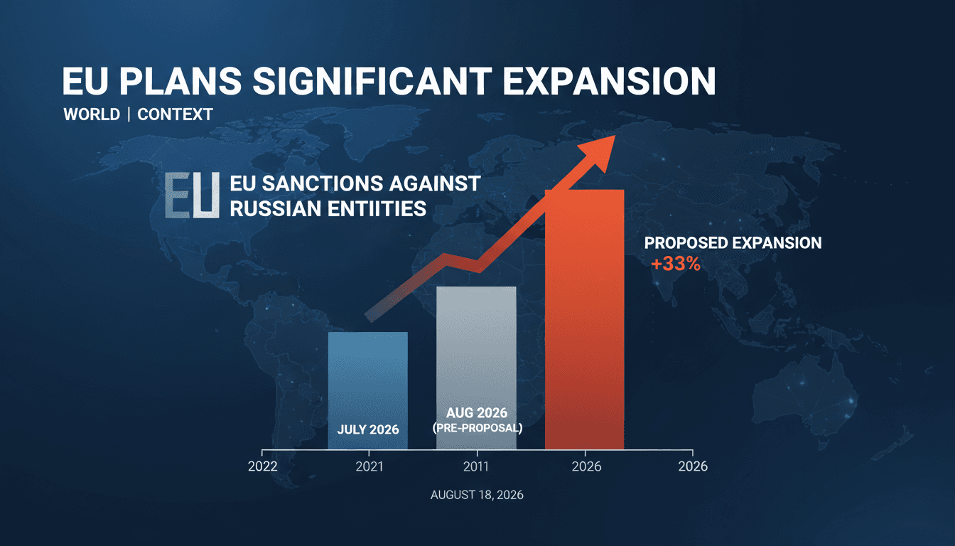 Infographic showing the increase in EU sanctions against Russian entities, highlighting the planned one-third expansion.