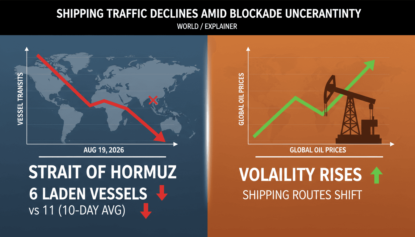 Infographic showing the decline in vessel transits through the Strait of Hormuz and its impact on oil prices.