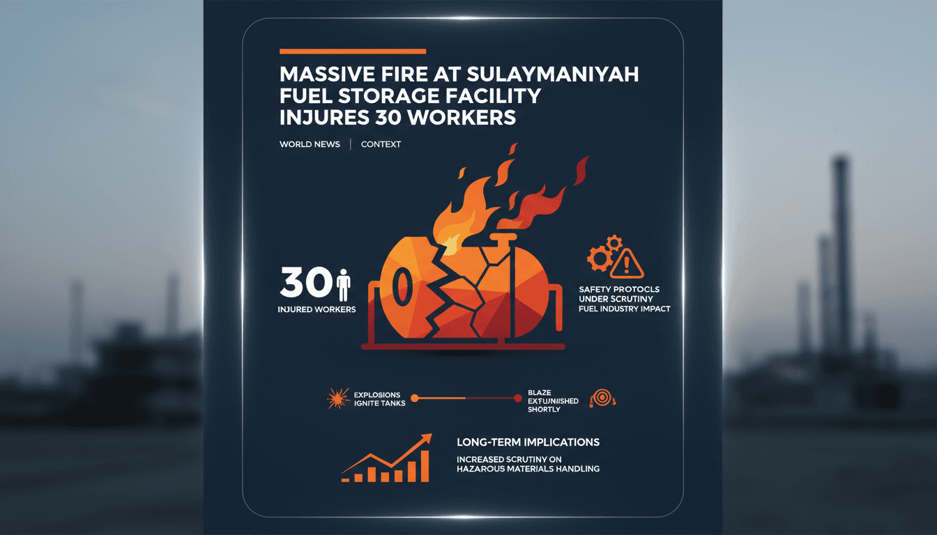Fire at Sulaymaniyah fuel storage facility with emergency response teams on site.