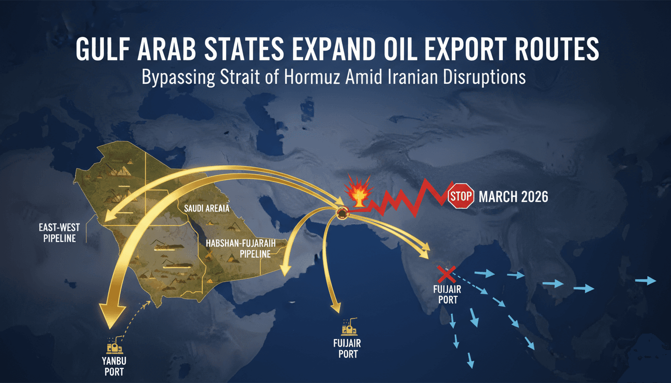 A map showing Gulf Arab States' new oil export routes bypassing the Strait of Hormuz.