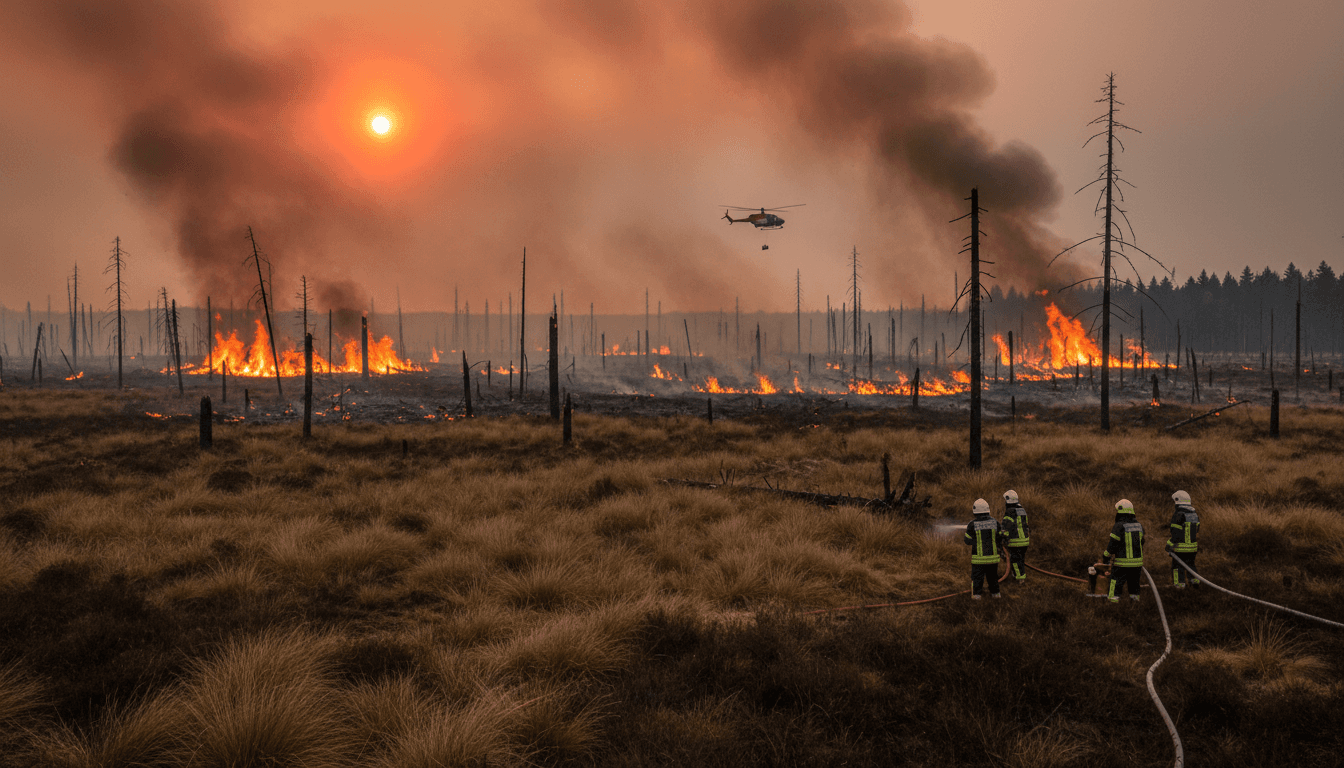 A dramatic scene of the High Fens nature reserve ablaze, showcasing the severity of Belgium's wildfire crisis.