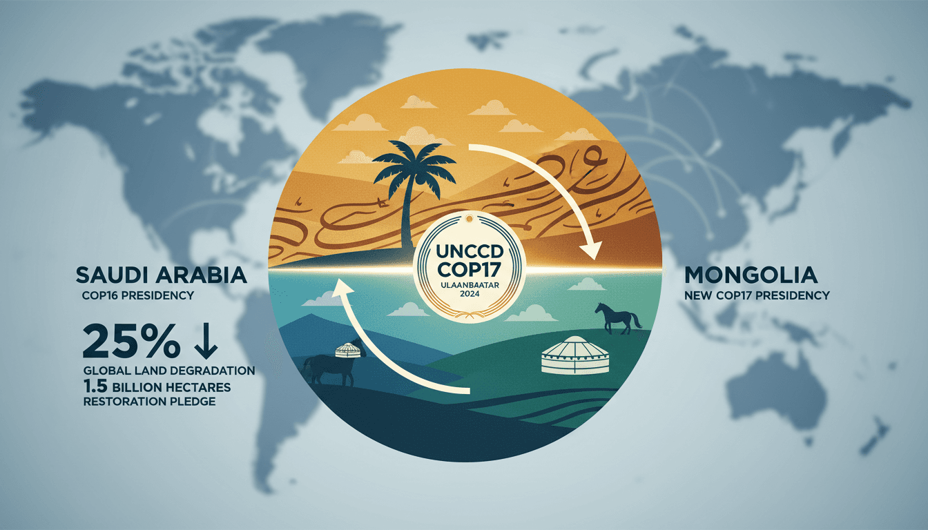 Graphic illustrating the transfer of UNCCD presidency from Saudi Arabia to Mongolia at COP17, with key statistics on desertification.