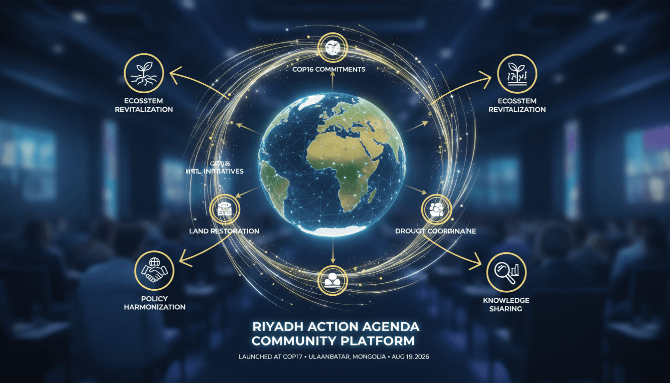 Infographic showing the Riyadh Action Agenda Community Platform's initiatives and their impact on global land restoration efforts.