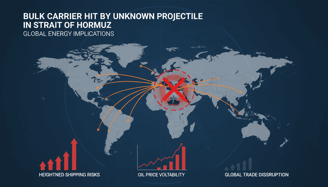 An infographic showing the impact of the unknown projectile strike in the Strait of Hormuz on global shipping and energy markets.