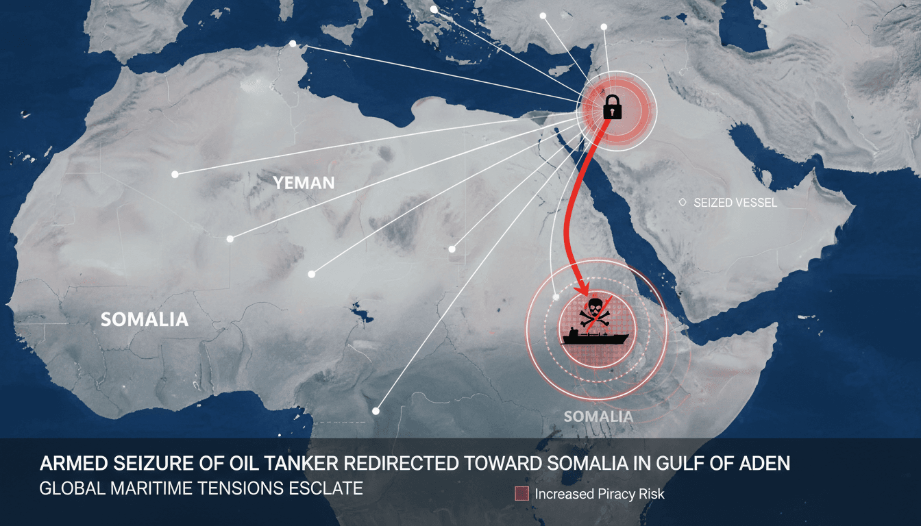 Map of Gulf of Aden showing the location of the oil tanker seizure and maritime risk zones.