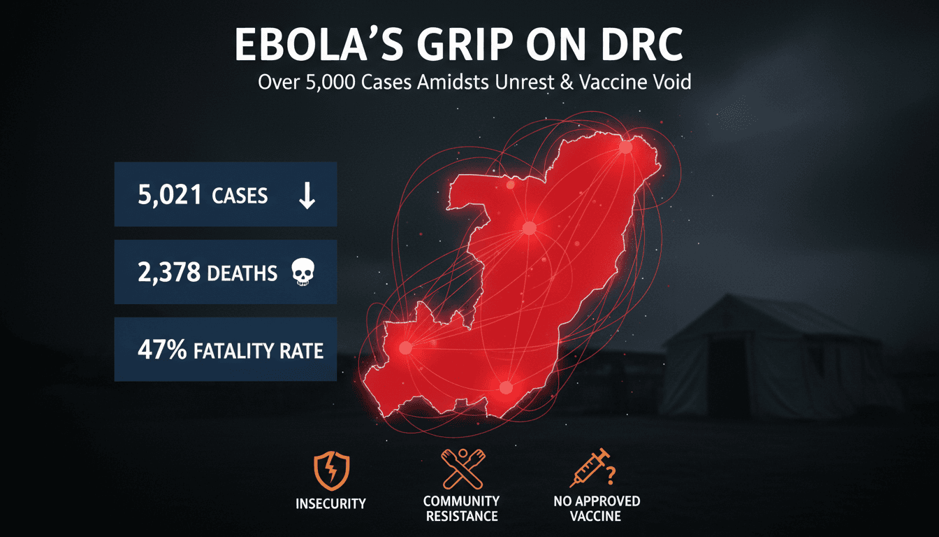 Infographic showing the spread of the Ebola outbreak in the DRC, highlighting case numbers and response challenges.