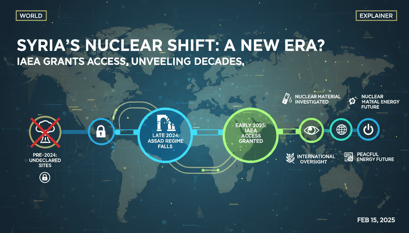 Infographic showing Syria's nuclear program timeline and IAEA involvement.