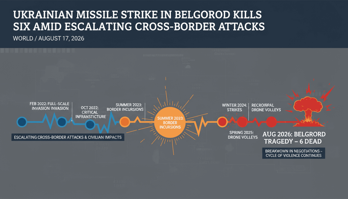 Infographic detailing the Ukrainian missile strike in Belgorod and its civilian impact.