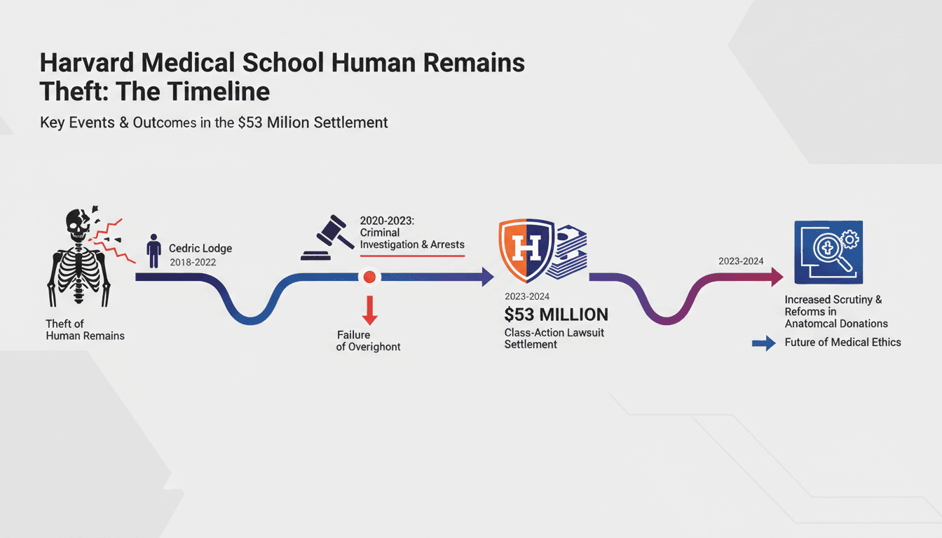 Infographic showing the timeline of Harvard Medical School's $53 million settlement over stolen human remains.