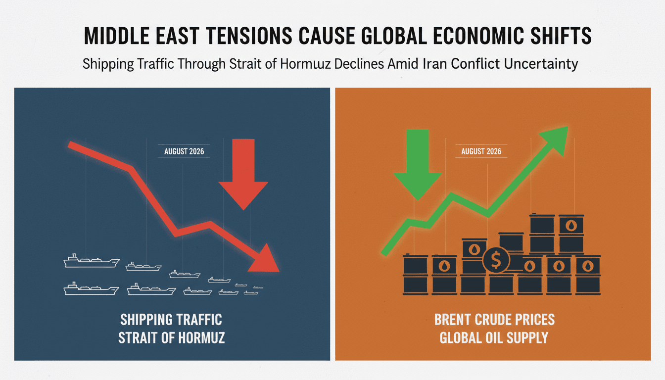 Infographic showing the decline in shipping traffic through the Strait of Hormuz and rising Brent crude prices.